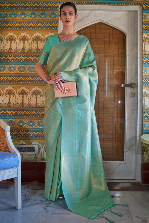 Load image into Gallery viewer, Gossamer Sea Green Kanjivaram Silk Saree With Palimpsest Blouse Piece
