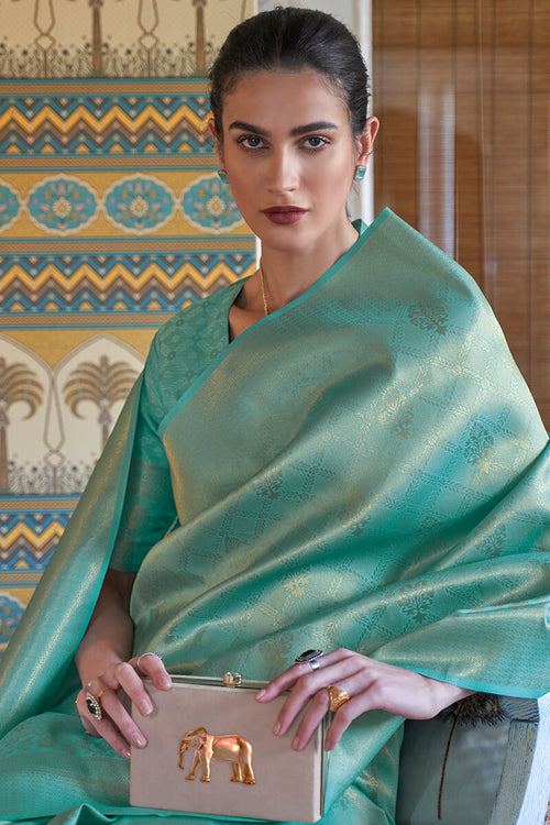 Load image into Gallery viewer, Gossamer Sea Green Kanjivaram Silk Saree With Palimpsest Blouse Piece
