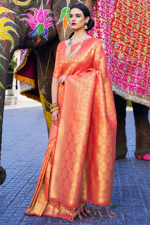 Load image into Gallery viewer, Charming Orange Kanjivaram Silk Saree With Skinny Blouse Piece
