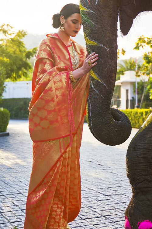 Load image into Gallery viewer, Charming Orange Kanjivaram Silk Saree With Skinny Blouse Piece
