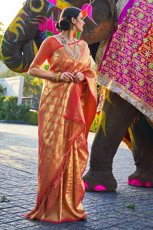 Load image into Gallery viewer, Charming Orange Kanjivaram Silk Saree With Skinny Blouse Piece
