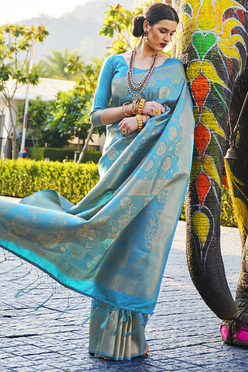 Load image into Gallery viewer, Arresting Firozi Kanjivaram Silk Saree With Flamboyant Blouse Piece
