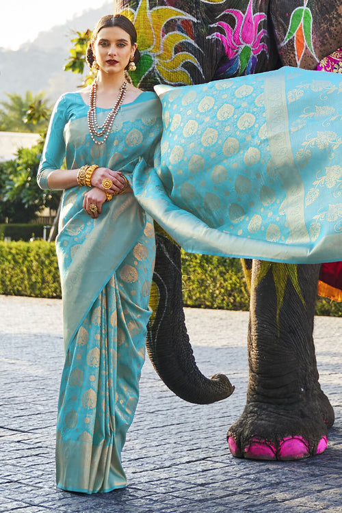 Load image into Gallery viewer, Arresting Firozi Kanjivaram Silk Saree With Flamboyant Blouse Piece
