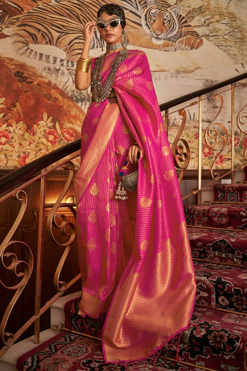 Cream Pink Woven Kanjivaram Silk Saree - Urban Womania