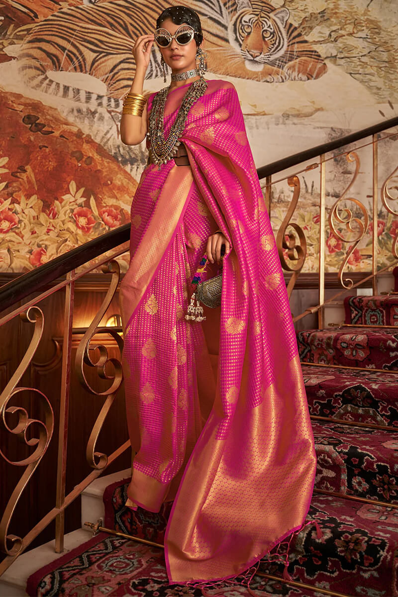 Exceptional Dark Pink Kanjivaram Silk Saree with Designer Blouse Piece