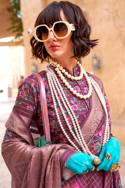 Exuberant Purple Digital Printed Cotton Silk Saree With Pleasant Blouse Piece