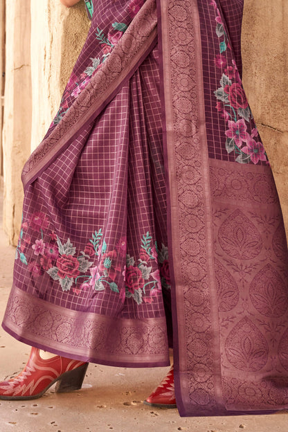 Exuberant Purple Digital Printed Cotton Silk Saree With Pleasant Blouse Piece