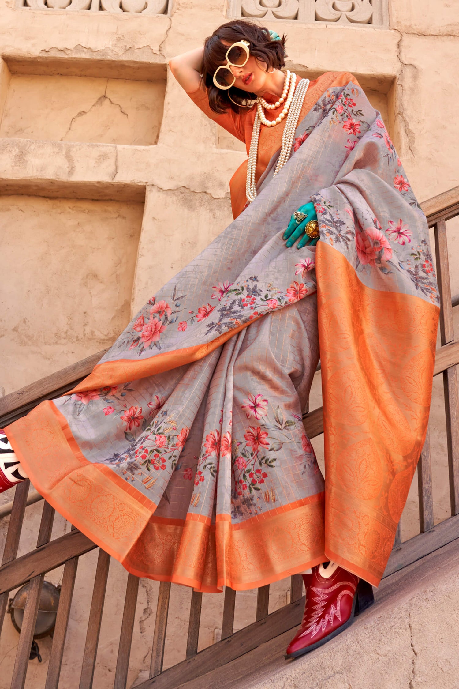 Profuse Grey Digital Printed Cotton Silk Saree With Lagniappe Blouse Piece