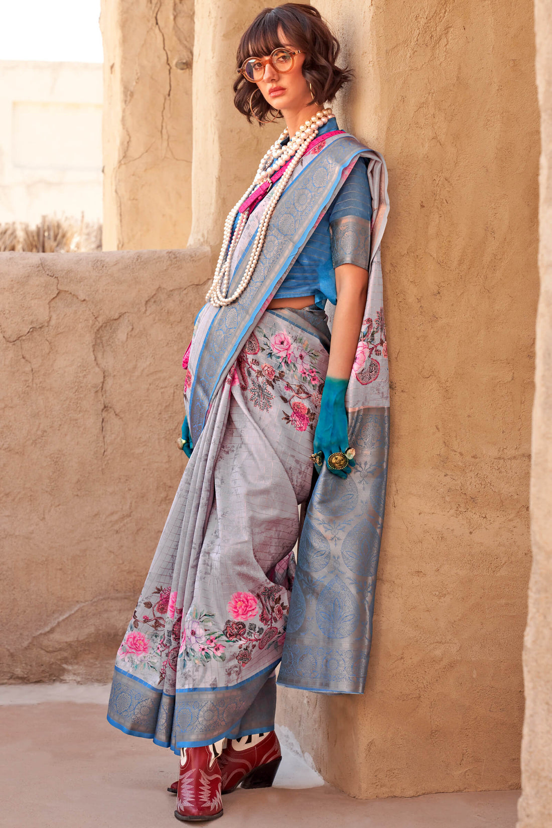 Desultory Grey Digital Printed Cotton Silk Saree With Exquisite Blouse Piece