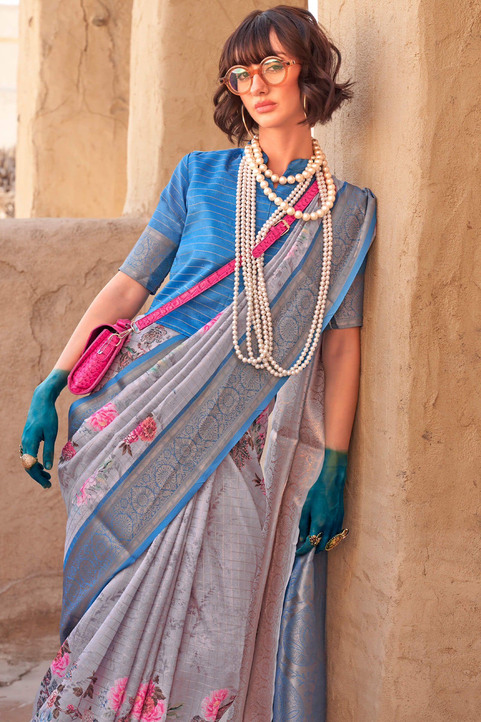 Desultory Grey Digital Printed Cotton Silk Saree With Exquisite Blouse Piece