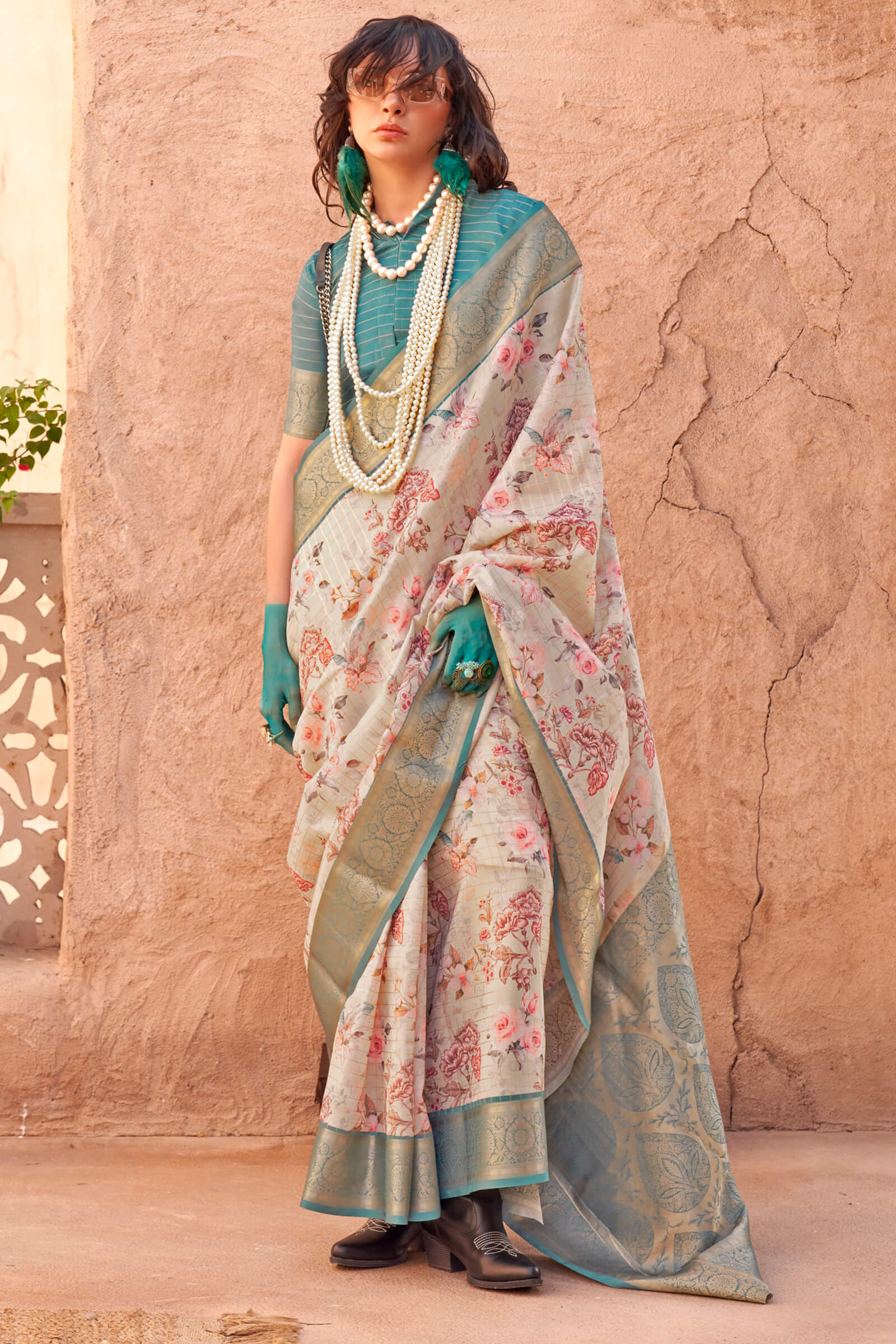 Majesty Beige Digital Printed Cotton Silk Saree With Alluring Blouse Piece