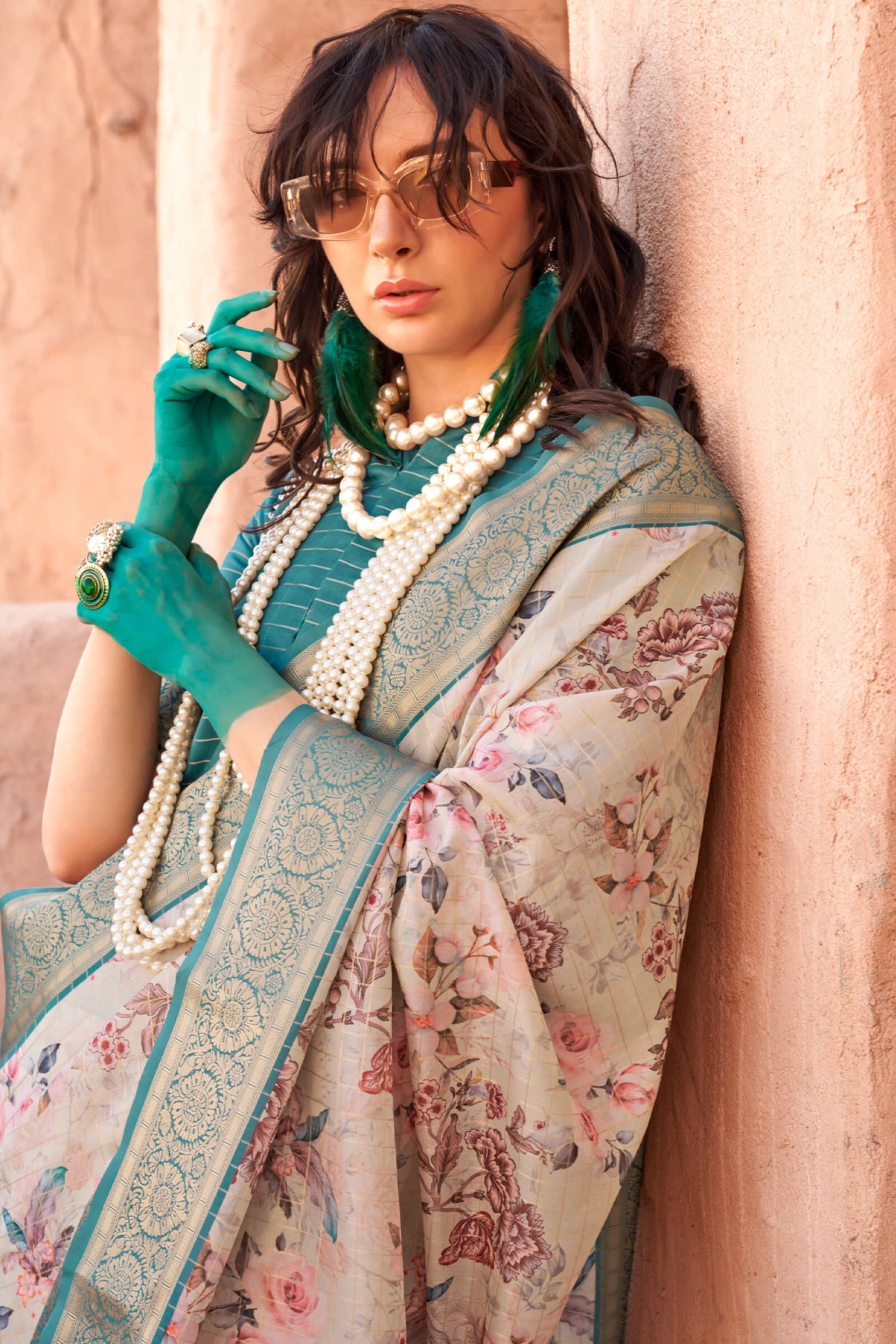 Majesty Beige Digital Printed Cotton Silk Saree With Alluring Blouse Piece