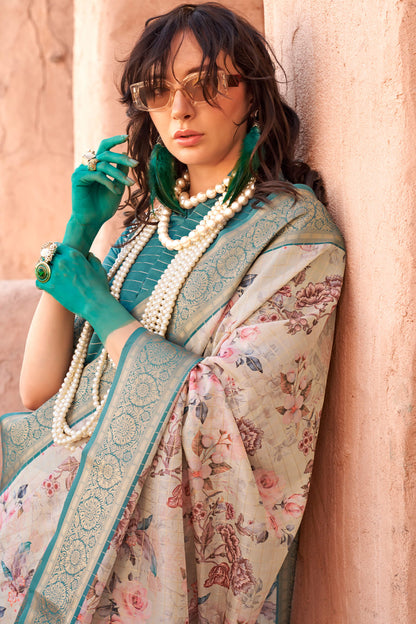 Majesty Beige Digital Printed Cotton Silk Saree With Alluring Blouse Piece