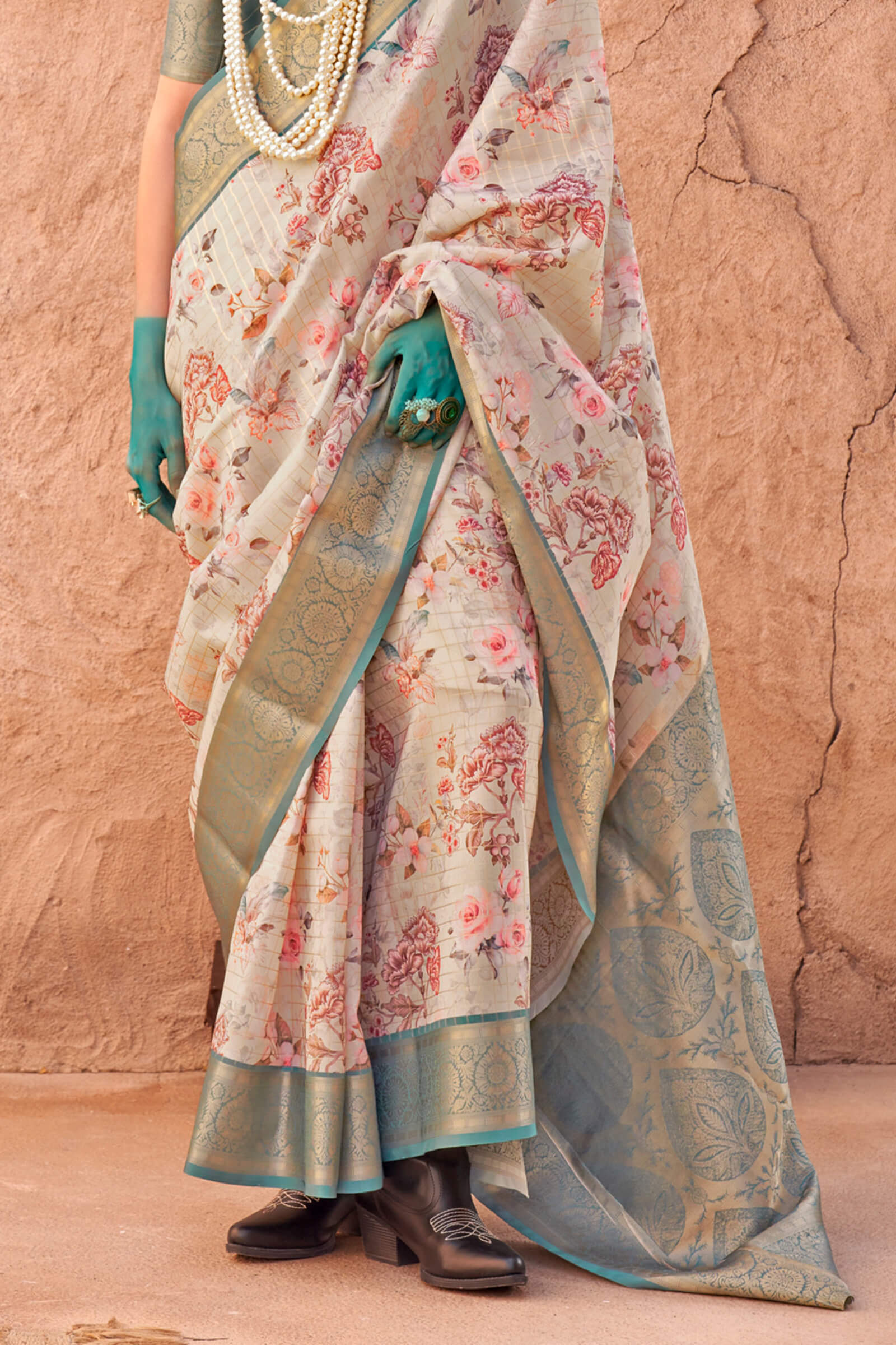 Majesty Beige Digital Printed Cotton Silk Saree With Alluring Blouse Piece