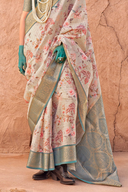 Majesty Beige Digital Printed Cotton Silk Saree With Alluring Blouse Piece