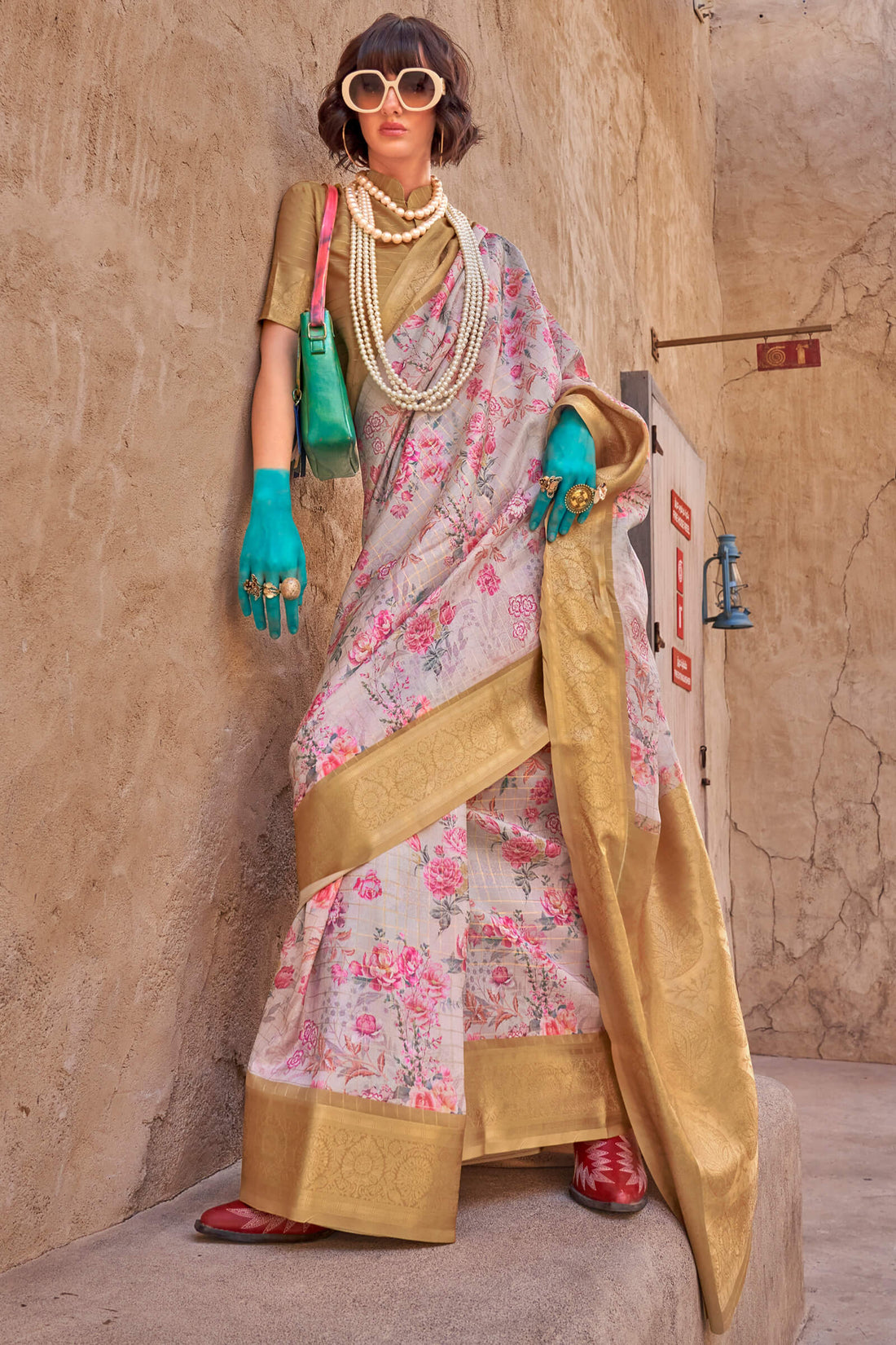 Staggering Beige Digital Printed Cotton Silk Saree With Fragrant Blouse Piece