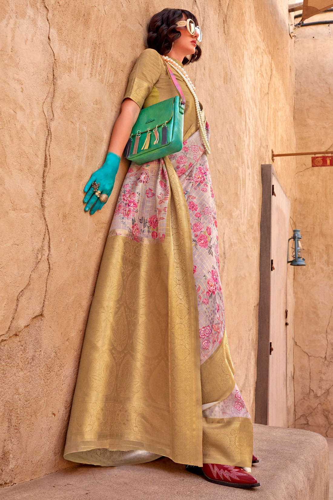 Staggering Beige Digital Printed Cotton Silk Saree With Fragrant Blouse Piece