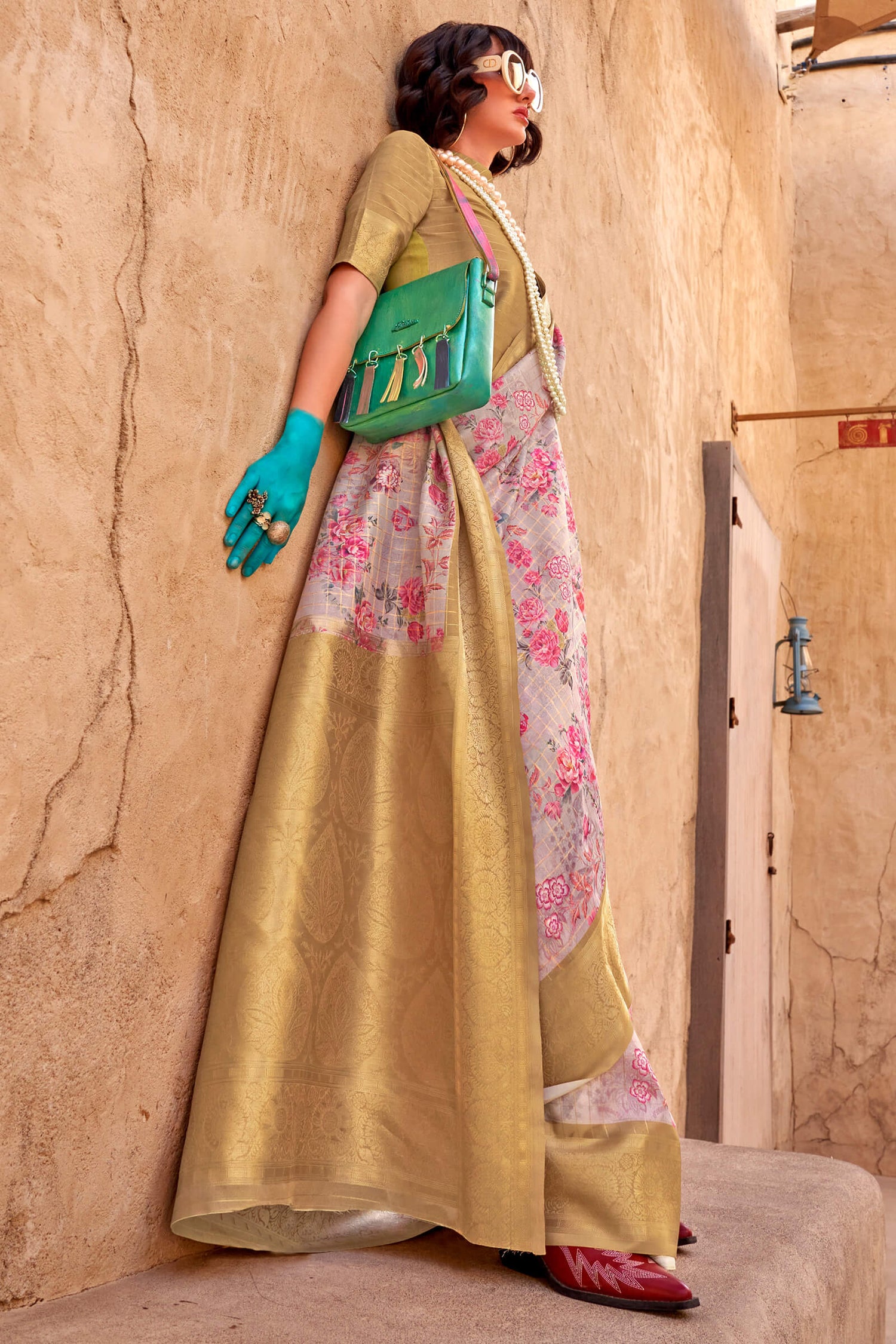 Staggering Beige Digital Printed Cotton Silk Saree With Fragrant Blouse Piece