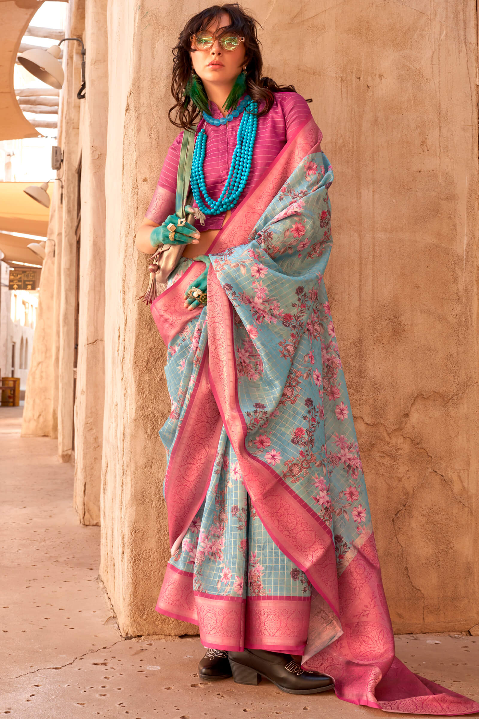 Woebegone Turquoise Digital Printed Cotton Silk Saree With Murmurous Blouse Piece