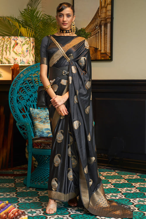 Load image into Gallery viewer, Smart Black Soft Banarasi Silk Saree With Skinny Blouse Piece
