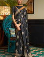 Smart Black Soft Banarasi Silk Saree With Skinny Blouse Piece