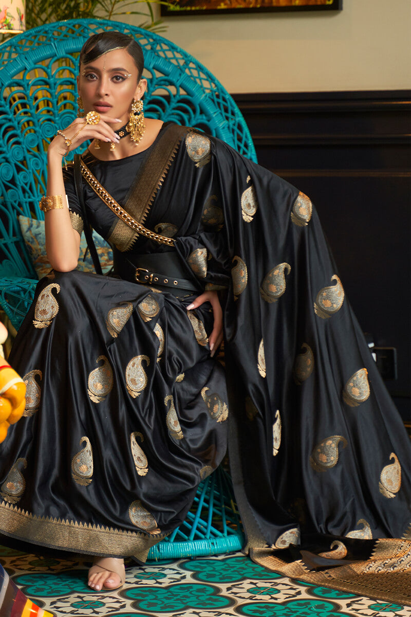 Smart Black Soft Banarasi Silk Saree With Skinny Blouse Piece