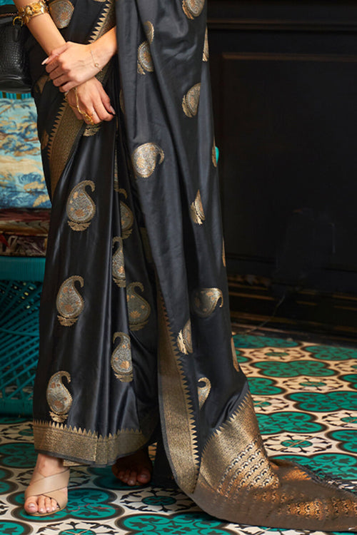 Load image into Gallery viewer, Smart Black Soft Banarasi Silk Saree With Skinny Blouse Piece
