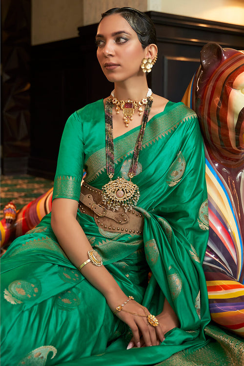 Load image into Gallery viewer, Admirable Green Soft Banarasi Silk Saree With Assemblage Blouse Piece
