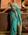 Unique Sea Green Soft Banarasi Silk Saree With Sensational Blouse Piece