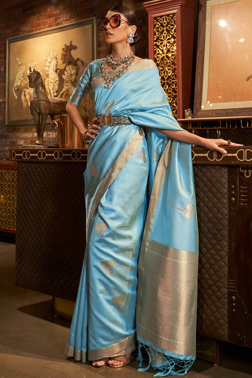 Load image into Gallery viewer, Sizzling Sky Soft Banarasi Silk Saree With Demanding Blouse Piece
