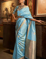 Sizzling Sky Soft Banarasi Silk Saree With Demanding Blouse Piece