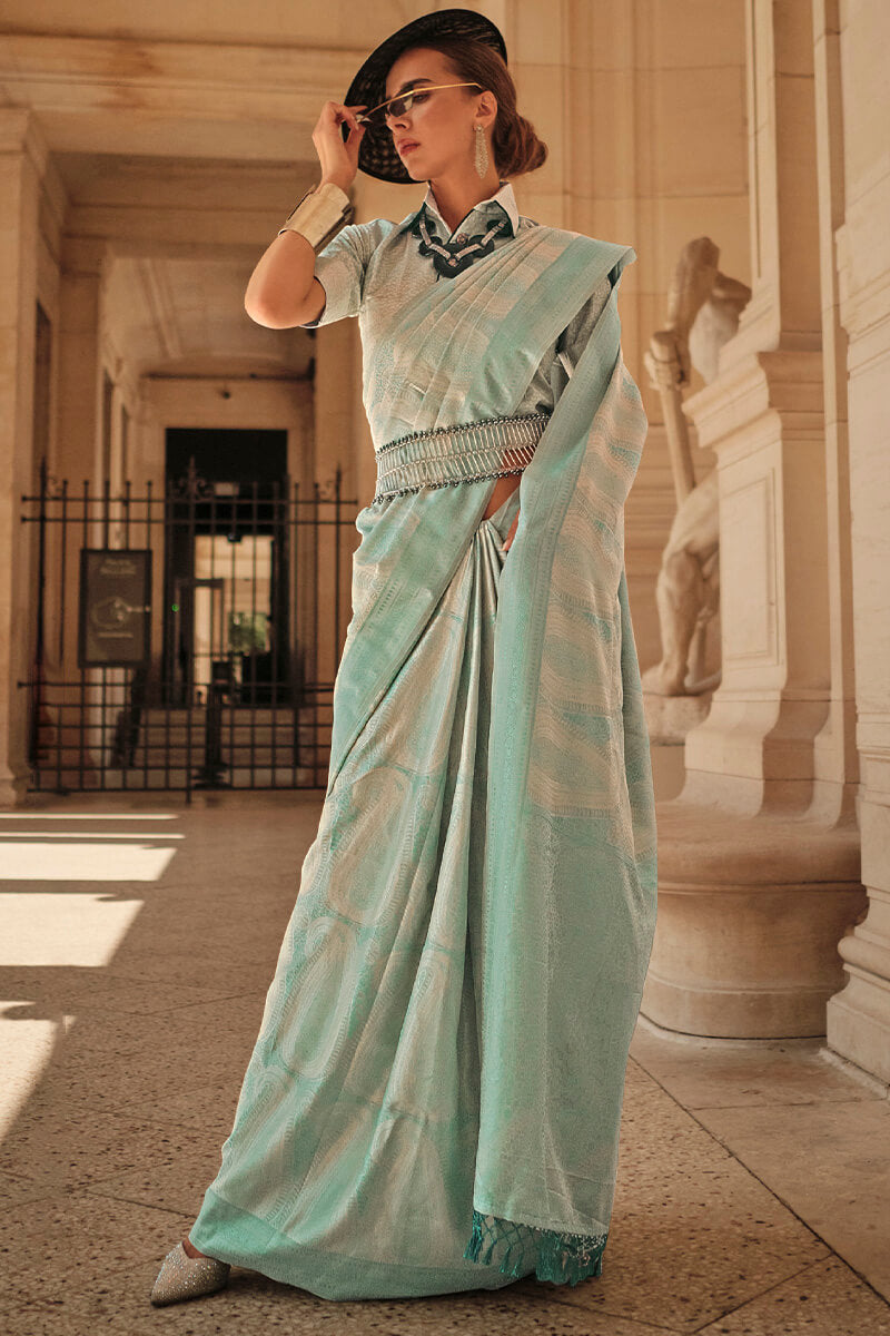 Skinny Pista Kanjivaram Silk Saree With Blooming Blouse Piece