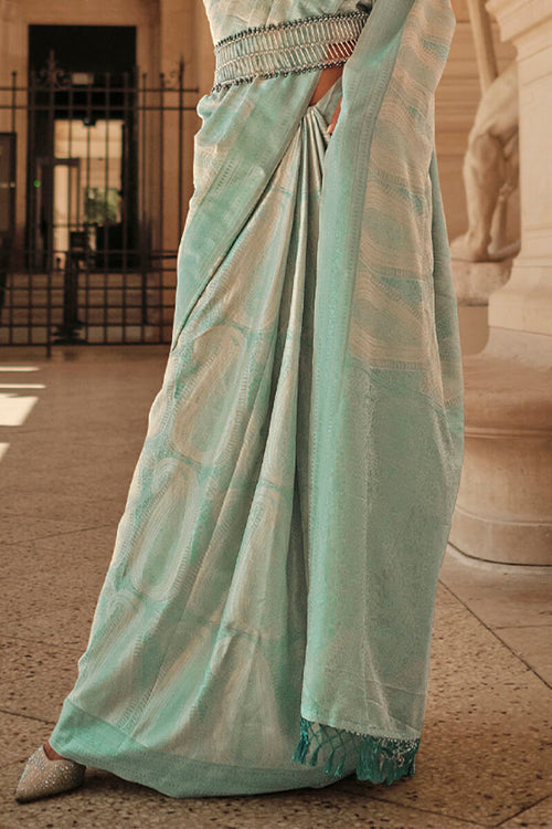 Load image into Gallery viewer, Skinny Pista Kanjivaram Silk Saree With Blooming Blouse Piece
