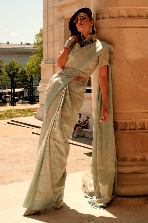 Load image into Gallery viewer, Chatoyant Green Kanjivaram Silk Saree With Eloquence Blouse Piece
