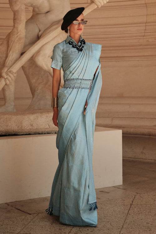 Load image into Gallery viewer, Snazzy Sky Kanjivaram Silk Saree With Prodigal Blouse Piece
