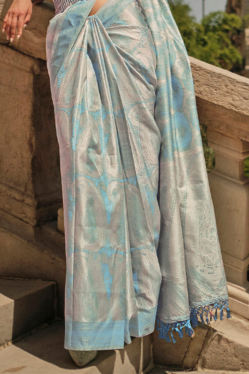 Load image into Gallery viewer, Snazzy Sky Kanjivaram Silk Saree With Prodigal Blouse Piece
