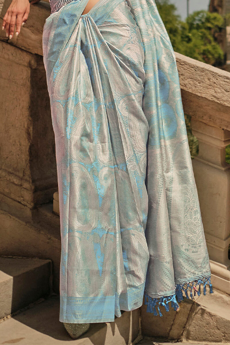 Snazzy Sky Kanjivaram Silk Saree With Prodigal Blouse Piece