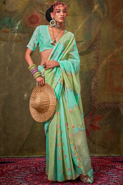 Bewitching Turquoise Cotton Silk Saree With Desirable Blouse Piece