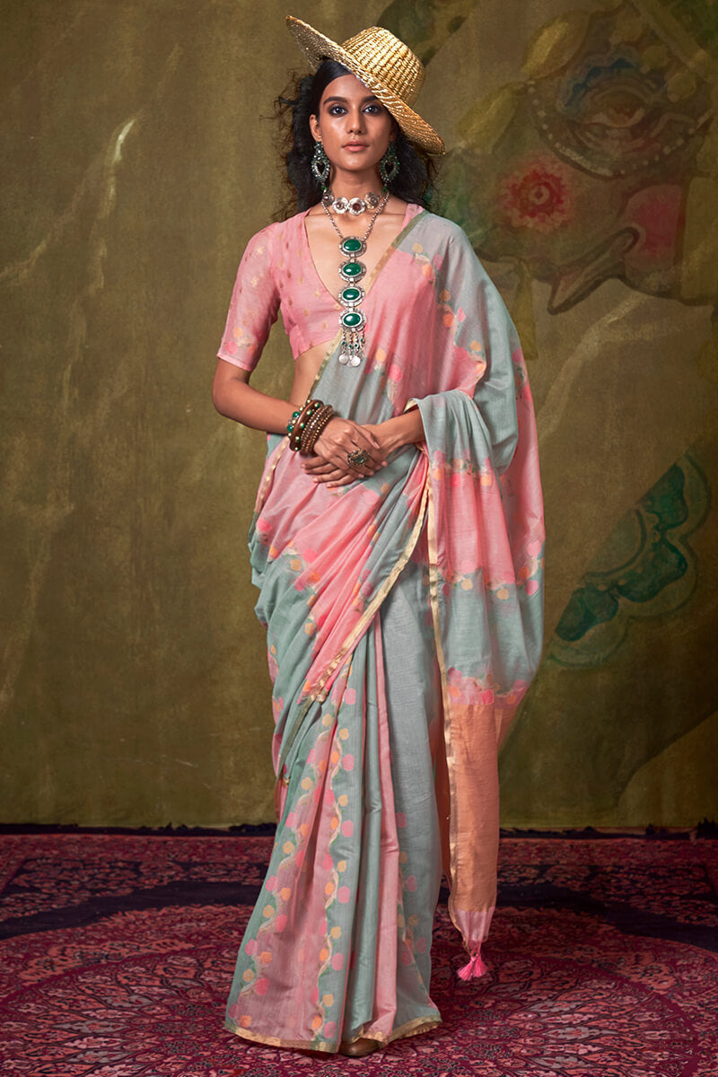 Nectarous Pink and Grey Cotton Silk Saree With Devastating Blouse Piece