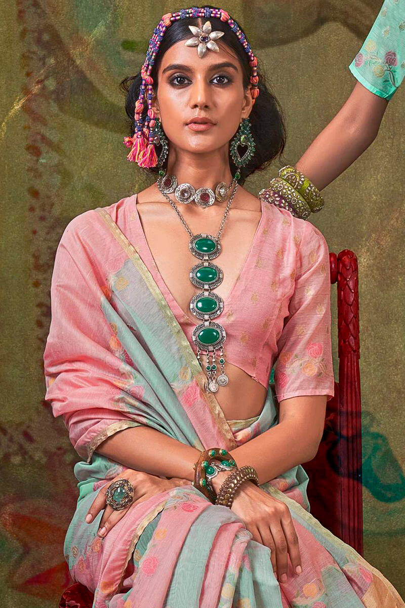 Nectarous Pink and Grey Cotton Silk Saree With Devastating Blouse Piece