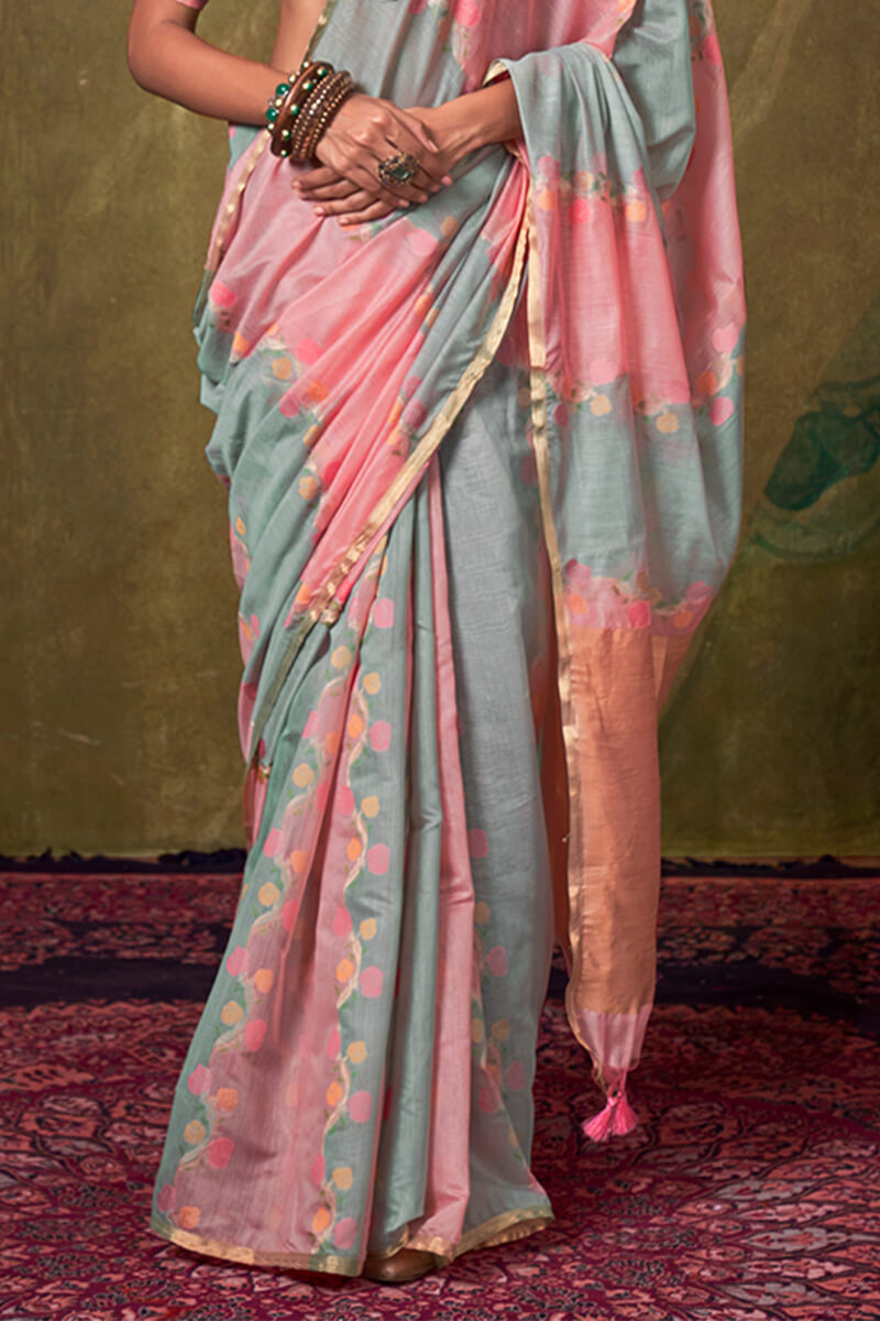 Nectarous Pink and Grey Cotton Silk Saree With Devastating Blouse Piece