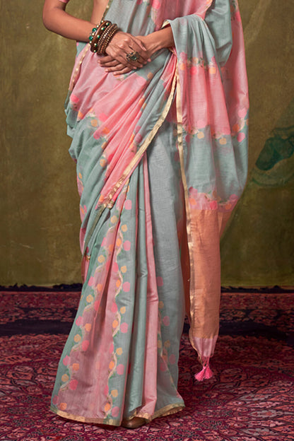 Nectarous Pink and Grey Cotton Silk Saree With Devastating Blouse Piece