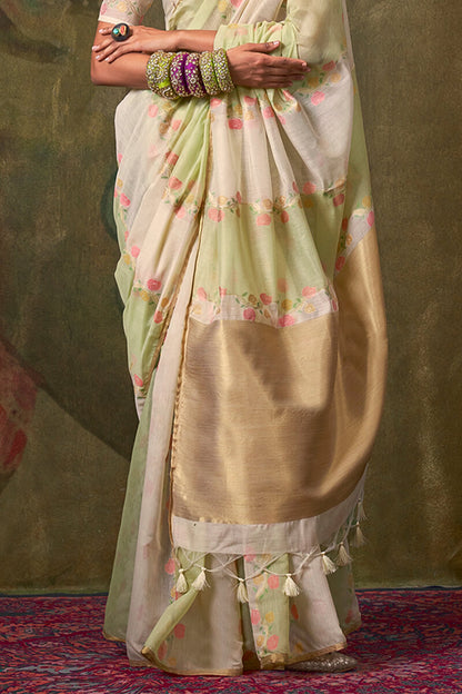 Whimsical Beige and Pista Cotton Silk Saree With Seraphic Blouse Piece