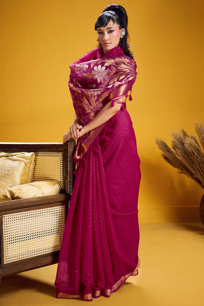 Mesmerising Dark Pink Pure Munga Cotton Silk Saree With Palimpsest Blouse Piece