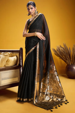 Extraordinary Black Pure Munga Cotton Silk Saree With Embellished Blouse Piece