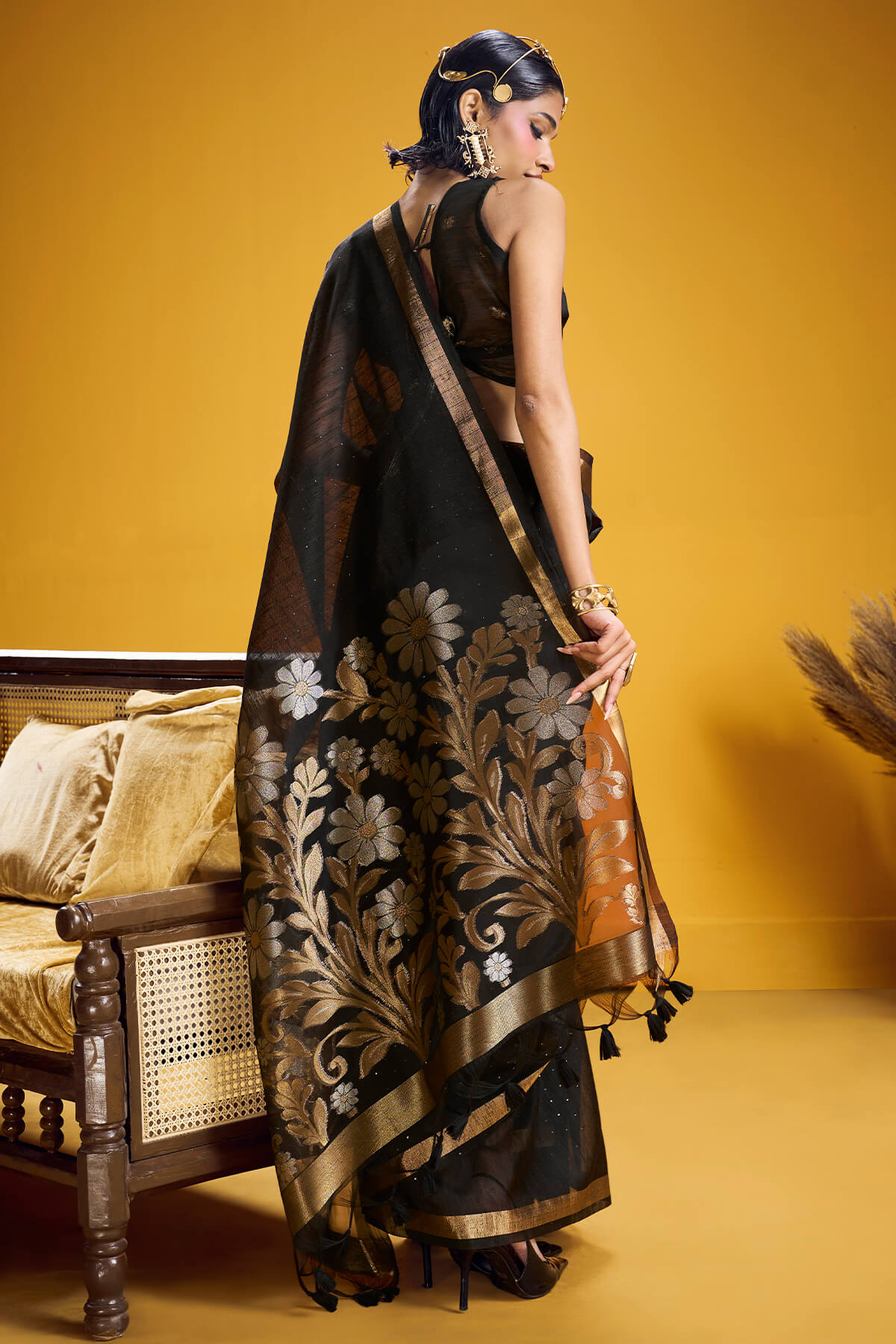 Extraordinary Black Pure Munga Cotton Silk Saree With Embellished Blouse Piece