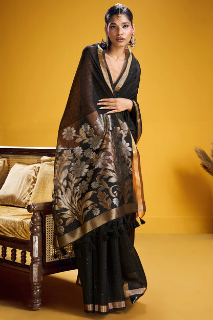 Extraordinary Black Pure Munga Cotton Silk Saree With Embellished Blouse Piece