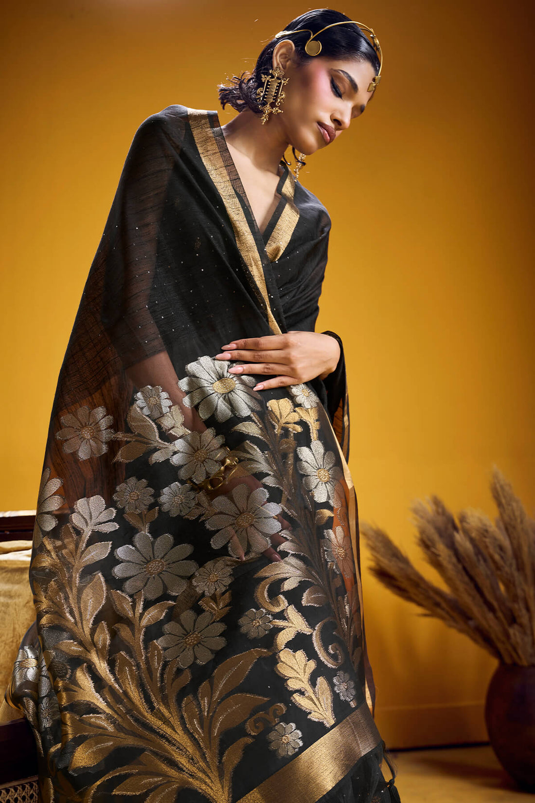 Extraordinary Black Pure Munga Cotton Silk Saree With Embellished Blouse Piece