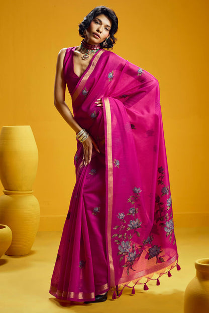 Dalliance Dark Pink Pure Munga Cotton Saree With Scintilla Blouse Piece