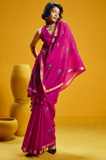 Dalliance Dark Pink Pure Munga Cotton Saree With Scintilla Blouse Piece